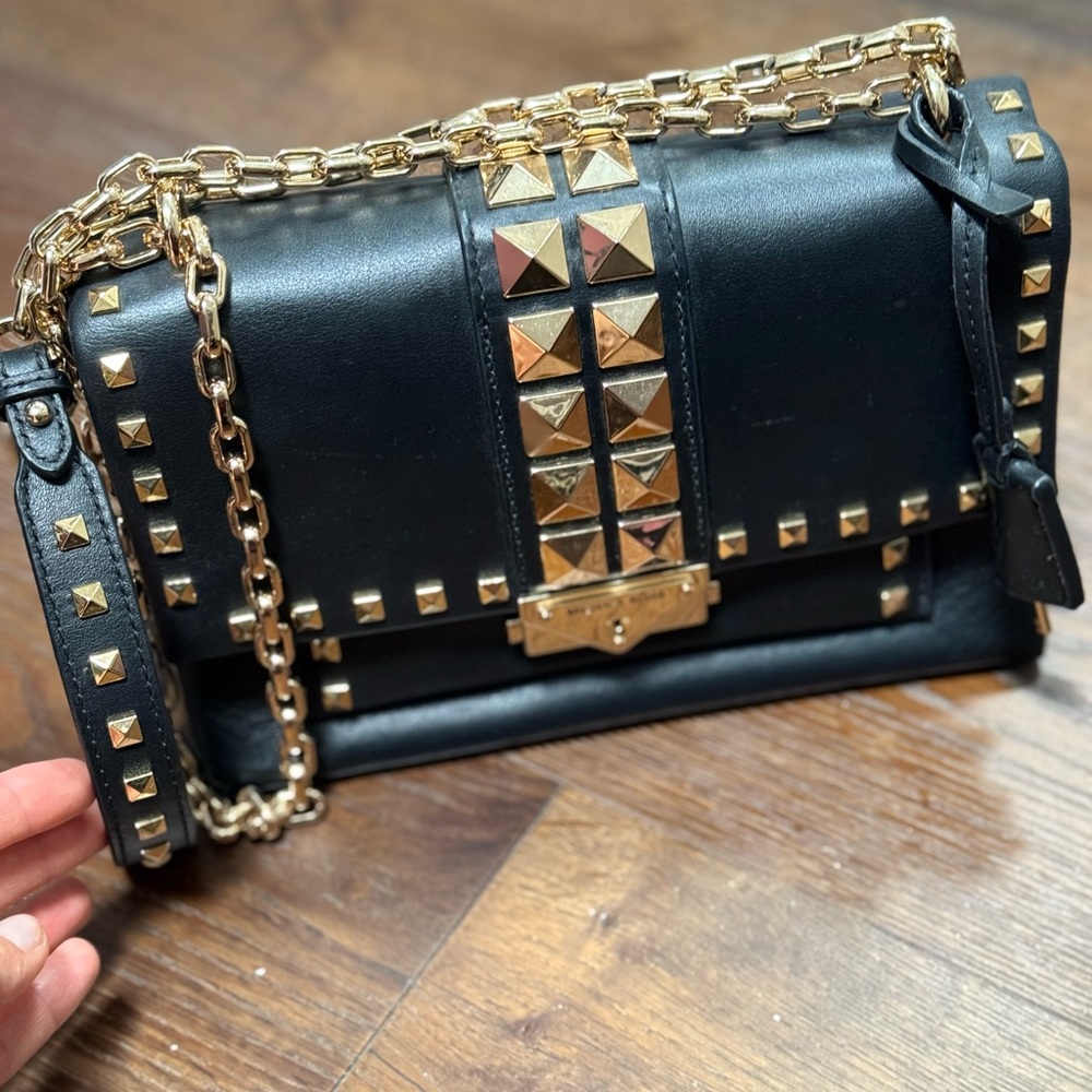 Black Leather Studded Crossbody Bag with Gold Hardware